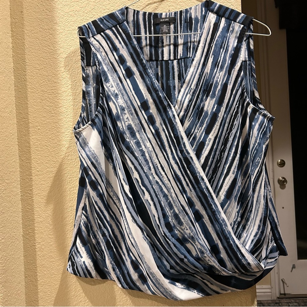 Alfani Navy and White Abstract Blouse